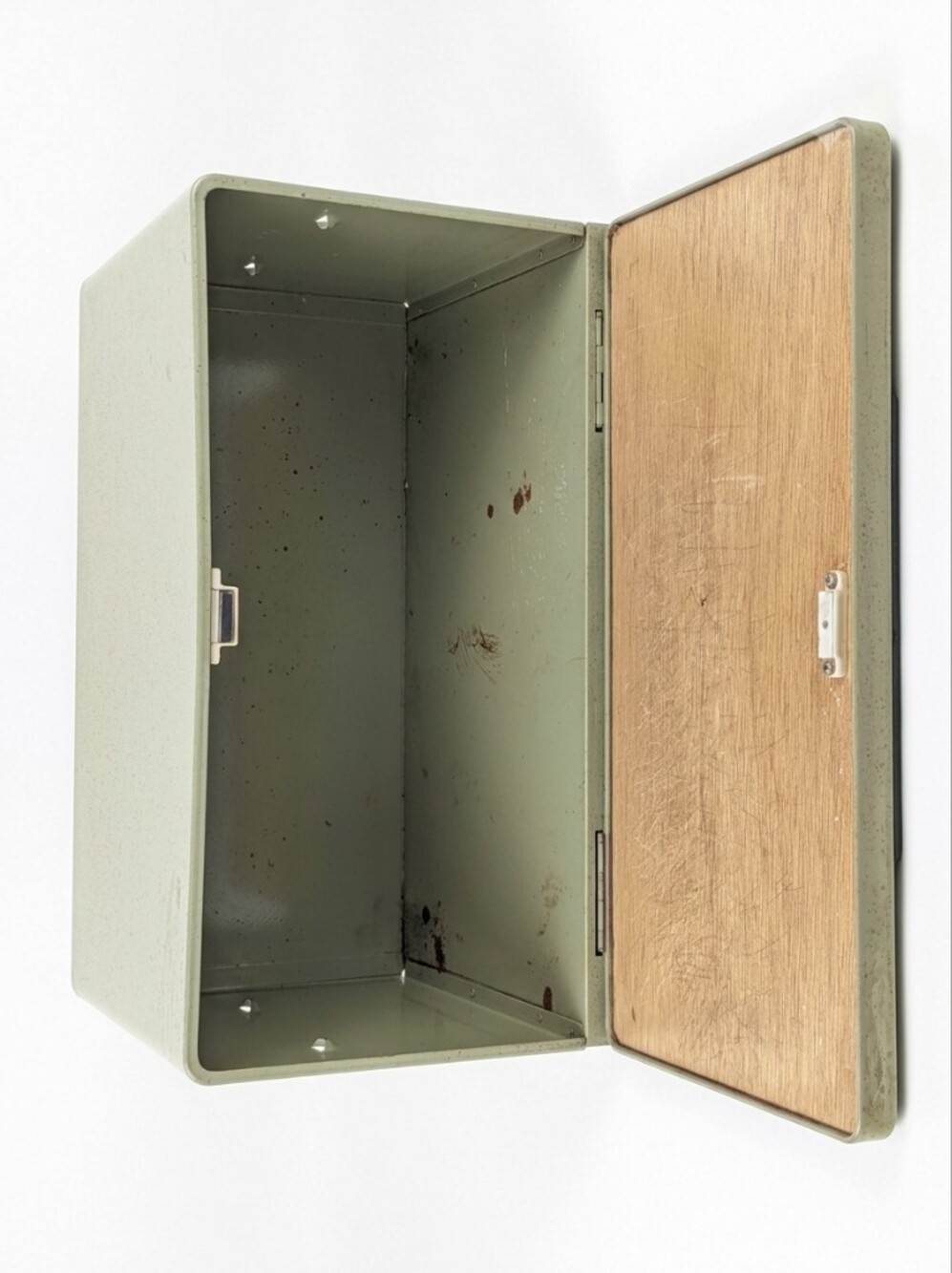 1970s Avocado Green Metal Bread Box with Wood Cutting Board